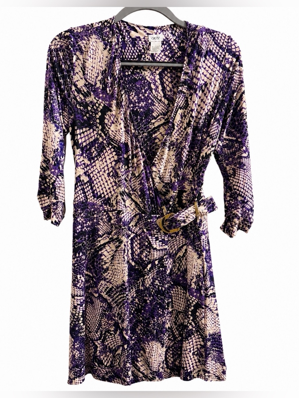 Cache Purple and Cream Snake-Print Wrap Dress with Belt